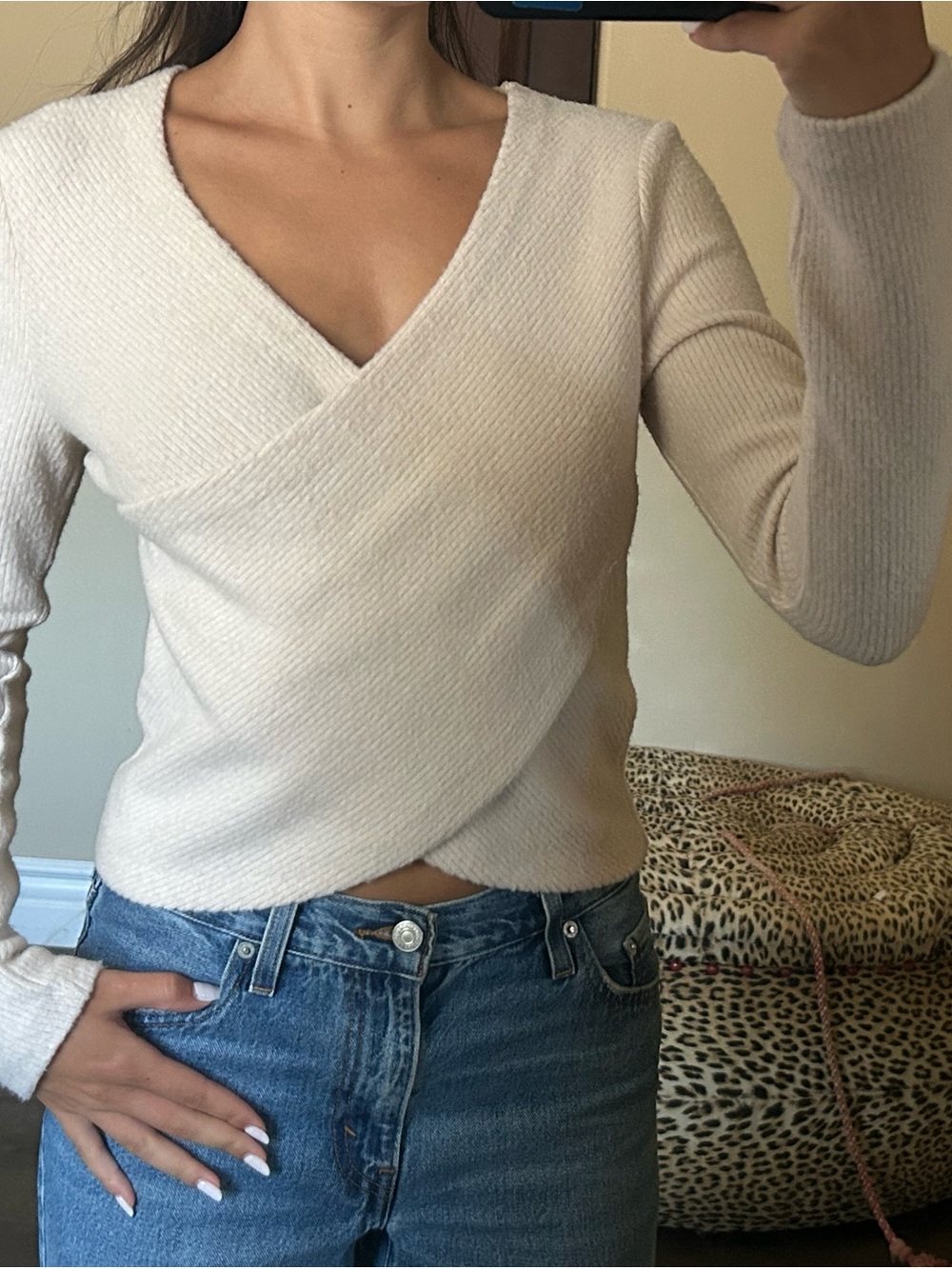 Zara Cream Wrap-Front V-Neck Sweater